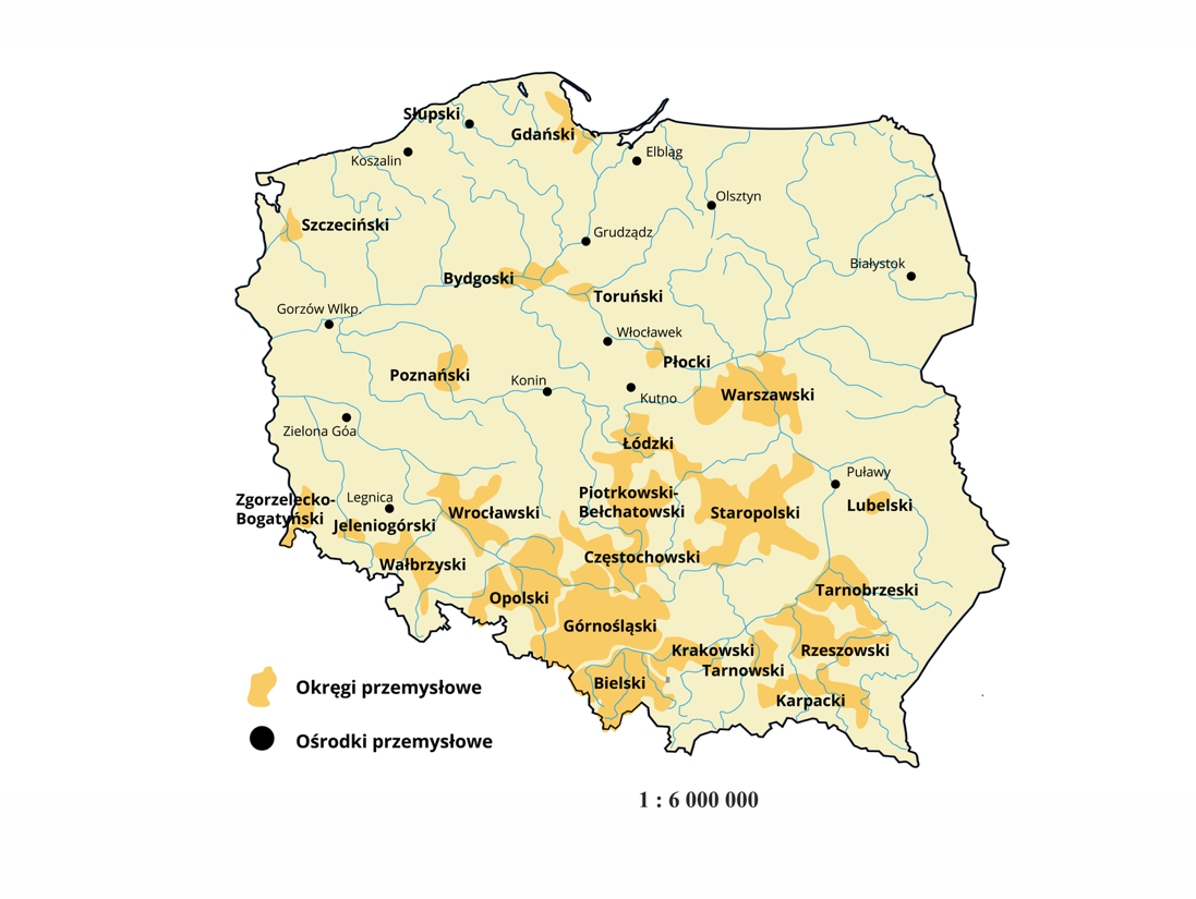 Mapa Polski z zaznaczonymi obszarami przemysłowymi